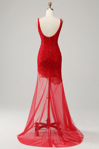 Mermaid V Neck Red Long Formal Dress with Embroidery