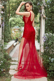 Mermaid V Neck Red Long Formal Dress with Embroidery