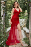 Mermaid V Neck Red Long Formal Dress with Embroidery