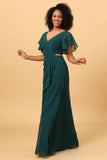 Hollow-Out Chiffon Green Bridesmaid Dress with Ruffles Sleeves