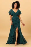 Hollow-Out Chiffon Green Bridesmaid Dress with Ruffles Sleeves