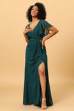 Hollow-Out Chiffon Green Bridesmaid Dress with Ruffles Sleeves