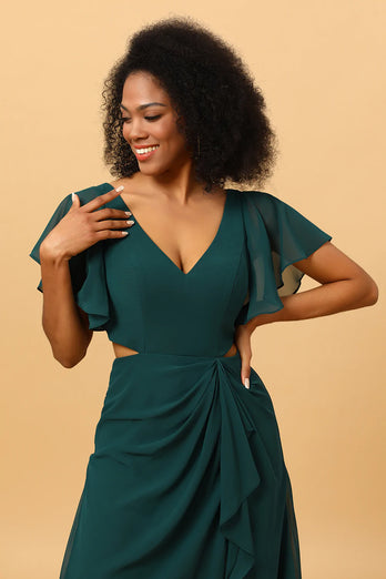 Hollow-Out Chiffon Green Bridesmaid Dress with Ruffles Sleeves