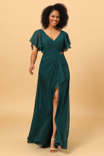 Hollow-Out Chiffon Green Bridesmaid Dress with Ruffles Sleeves
