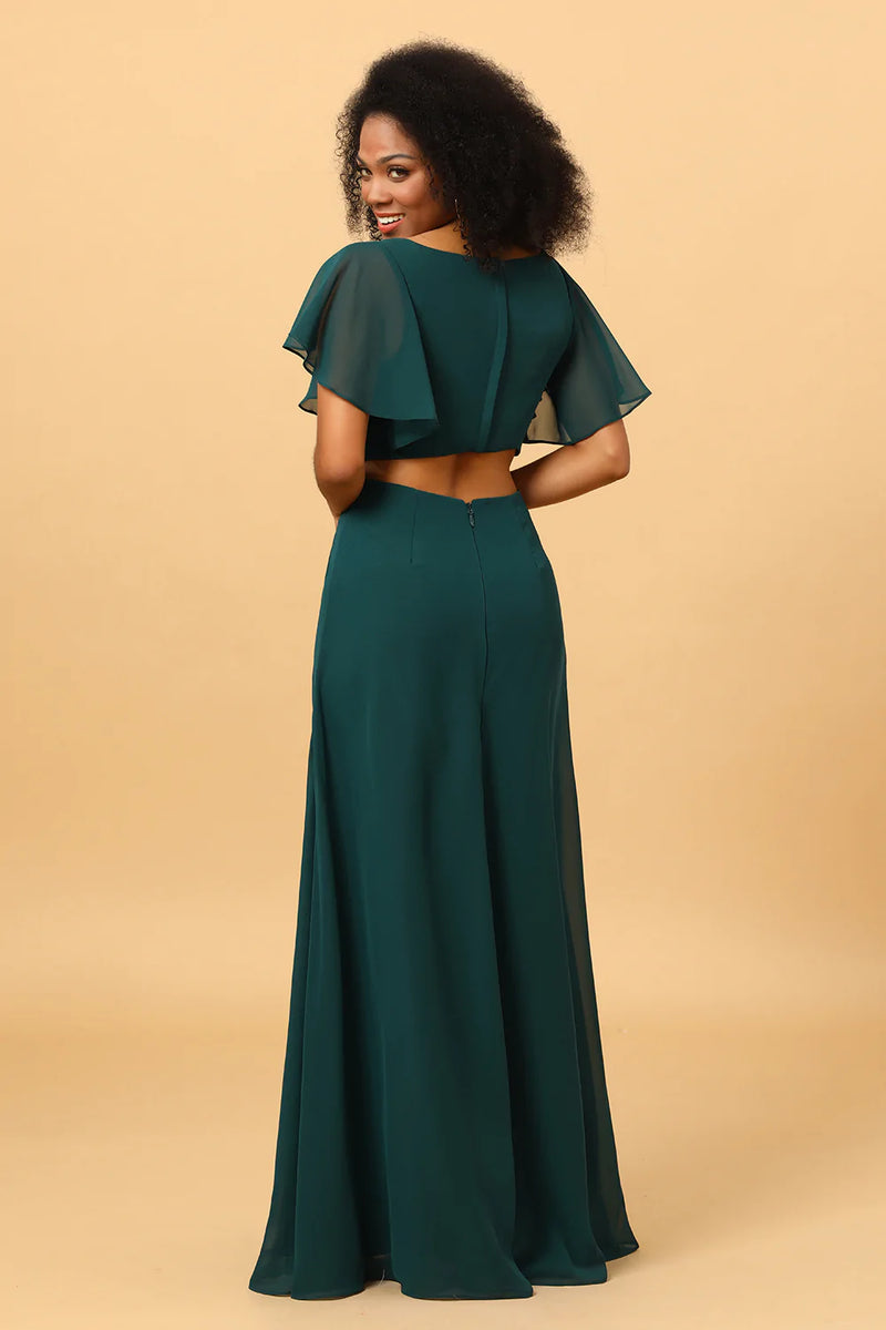 Load image into Gallery viewer, Hollow-Out Chiffon Green Bridesmaid Dress with Ruffles Sleeves