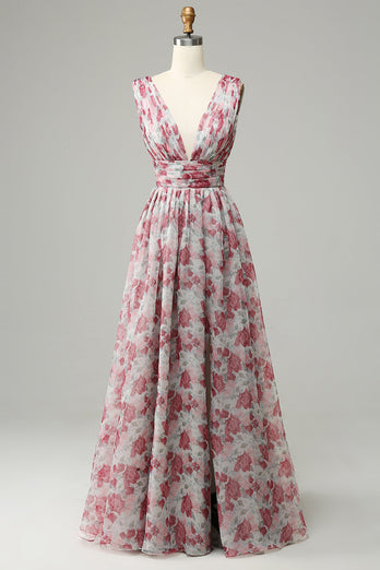 Grey and Pink Floral Long Bridesmaid Dress