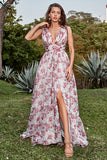 A Line Deep V Neck Grey and Pink Floral Long Formal Dress