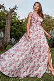 A Line Deep V Neck Grey and Pink Floral Long Formal Dress