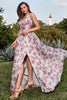 Load image into Gallery viewer, A Line Deep V Neck Grey and Pink Floral Long Formal Dress