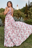 A Line Deep V Neck Grey and Pink Floral Long Formal Dress