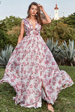 A Line Deep V Neck Grey and Pink Floral Long Formal Dress