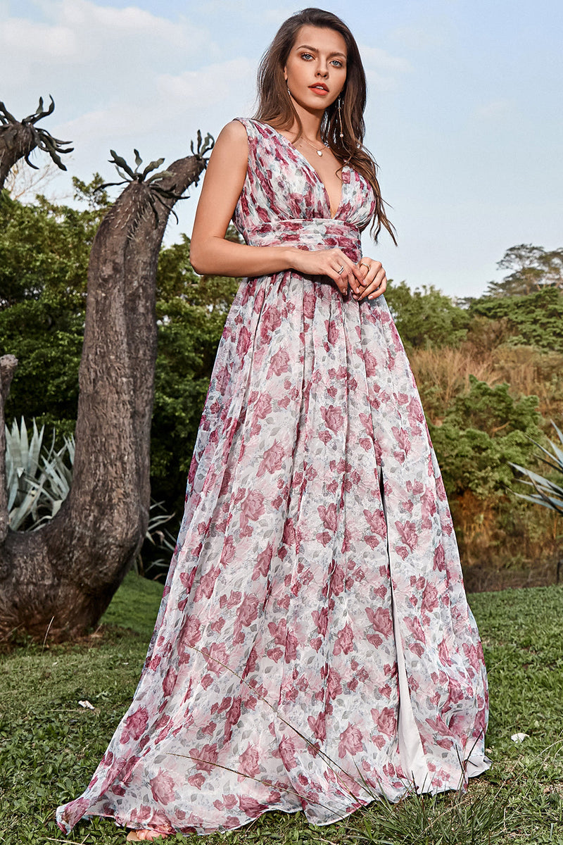 Load image into Gallery viewer, A Line Deep V Neck Grey and Pink Floral Long Formal Dress