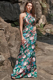 Flower Print Halter Satin Formal Dress