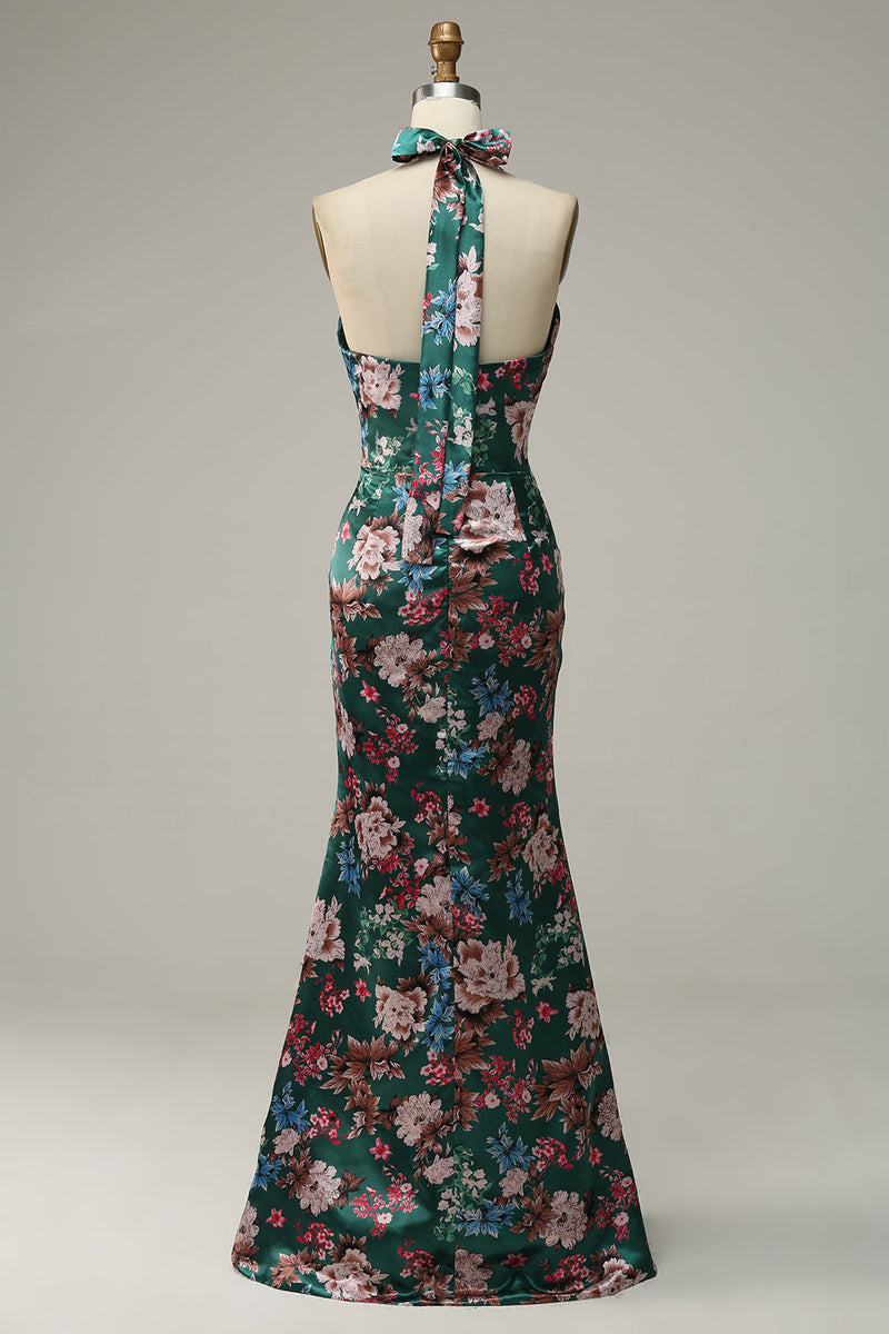Load image into Gallery viewer, Flower Print Halter Satin Formal Dress