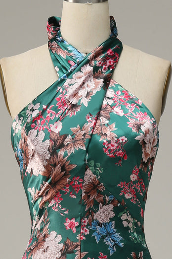 Flower Print Halter Satin Formal Dress