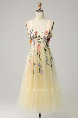 A Line Spaghetti Straps Champagne Tea Length Formal Dress with Appliques