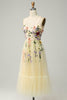 Load image into Gallery viewer, A Line Spaghetti Straps Champagne Tea Length Formal Dress with Appliques