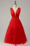 Red A Line Deep V Neck Midi Formal Dress with Open Back