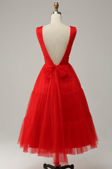 Red A Line Deep V Neck Midi Formal Dress with Open Back