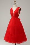 Red A Line Deep V Neck Midi Formal Dress with Open Back