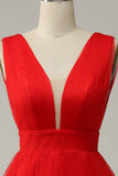 Red A Line Deep V Neck Midi Formal Dress with Open Back