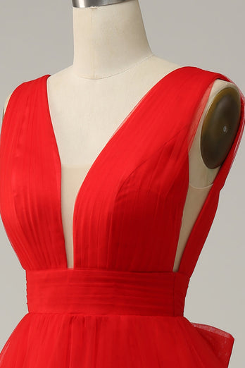 Red A Line Deep V Neck Midi Formal Dress with Open Back