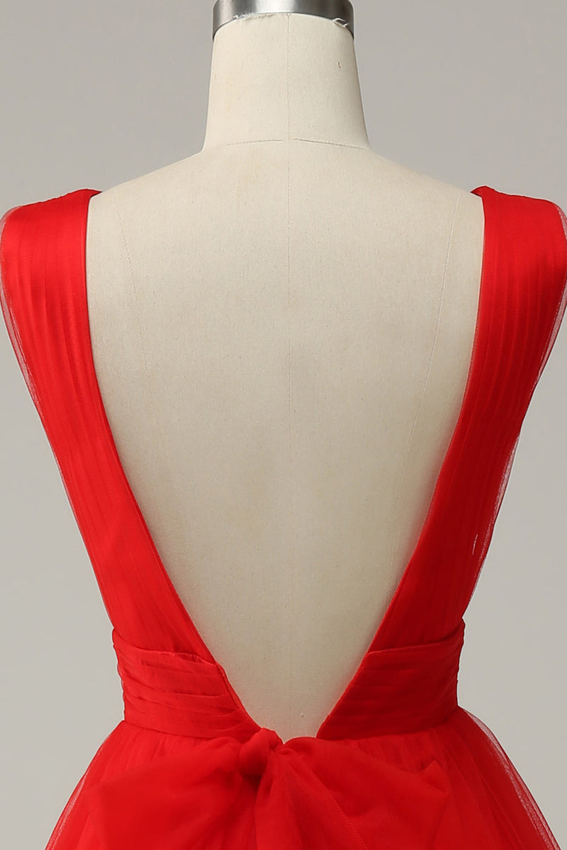 Load image into Gallery viewer, Red A Line Deep V Neck Midi Formal Dress with Open Back