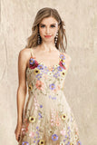 A Line Spaghetti Straps Champagne Long Formal Dress with Appliques