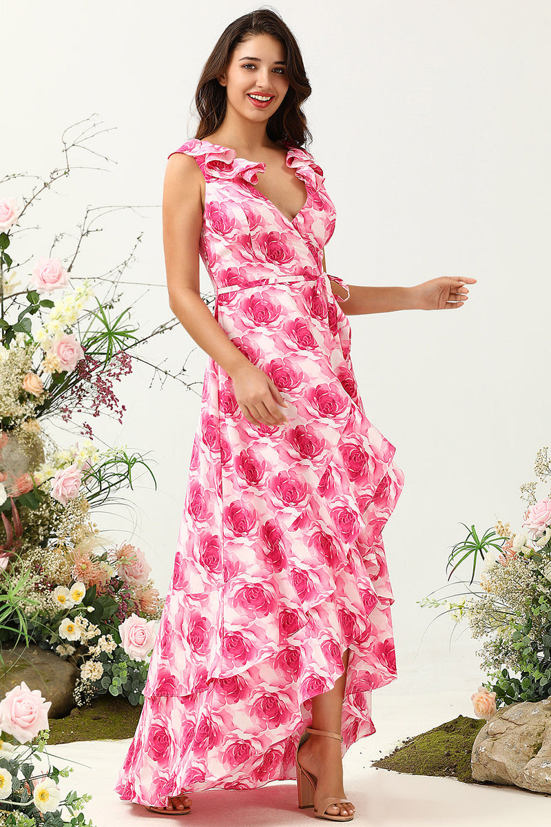 Load image into Gallery viewer, A Line V Neck Pink Flower Printed Long Bridesmaid Dress with Ruffles