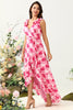 Load image into Gallery viewer, A Line V Neck Pink Flower Printed Long Bridesmaid Dress with Ruffles
