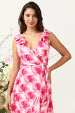 A Line V Neck Pink Flower Printed Long Bridesmaid Dress with Ruffles