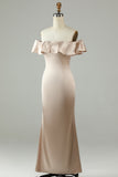 Ankle-Length Off The Shoulder Champagne Long Bridesmaid Dress with Ruffles