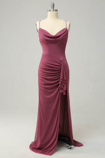 Sheath Spaghetti Straps Desert Rose Long Plus Size Formal Dress with Split Front