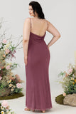 Sheath Spaghetti Straps Desert Rose Plus Size Bridesmaid Dress with Open Back