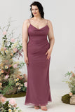 Sheath Spaghetti Straps Desert Rose Plus Size Bridesmaid Dress with Open Back