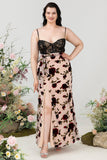 Sheath Spaghetti Straps Black Floral Plus Size Wedding Guest Dress with Slit