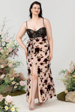 Sheath Spaghetti Straps Black Floral Plus Size Wedding Guest Dress with Slit