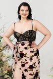 Sheath Spaghetti Straps Black Floral Plus Size Wedding Guest Dress with Slit