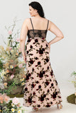 Sheath Spaghetti Straps Black Floral Plus Size Wedding Guest Dress with Slit