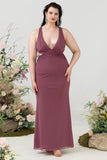 Sheath Deep V Neck Desert Rose Plus Size Wedding Guest Dress with Criss Cross Back