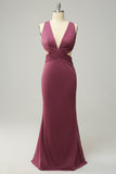 Sheath Deep V Neck Desert Rose Long Plus Size Formal Dress with Split Front