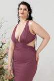 Sheath Deep V Neck Desert Rose Plus Size Wedding Guest Dress with Criss Cross Back