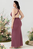 Sheath Deep V Neck Desert Rose Plus Size Wedding Guest Dress with Criss Cross Back