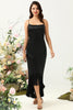 Load image into Gallery viewer, Sheath Spaghetti Straps Black Tea Length Formal Dress with Bowknot