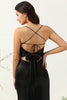 Load image into Gallery viewer, Sheath Spaghetti Straps Black Tea Length Formal Dress with Bowknot