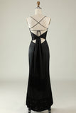 Spaghetti Straps Black Satin Formal Dress with Fringes