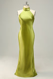 Halter Open Back Lemon Green Long Plus Size Bridesmaid Dress