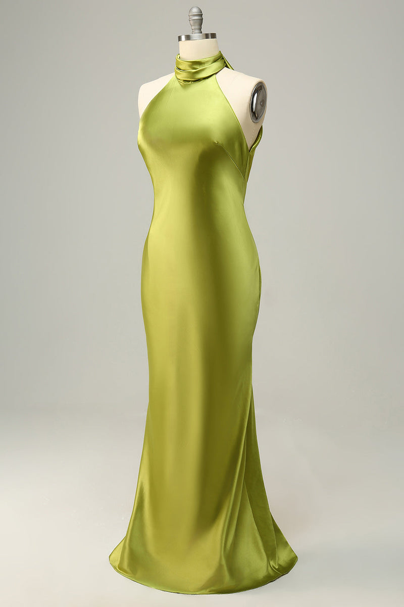 Load image into Gallery viewer, Halter Open Back Lemon Green Long Plus Size Bridesmaid Dress