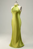 Halter Open Back Lemon Green Long Plus Size Bridesmaid Dress