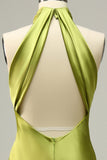 Halter Open Back Lemon Green Long Plus Size Bridesmaid Dress